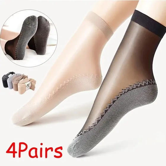 4 Pares Meias Femininas Casuais De Seda Finas Respiráveis Antiderrapantes Com Emenda De Fundo