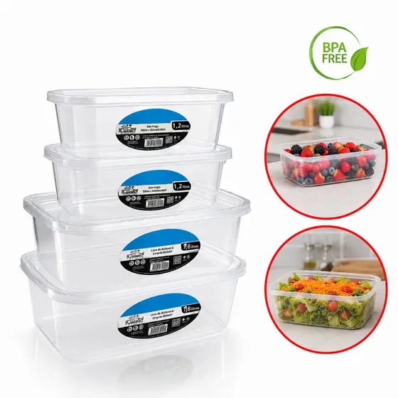 Kit Potes Transparentes 1,2 L e 3,0 L Bpa Free Para Presidio Retangular Plástico
