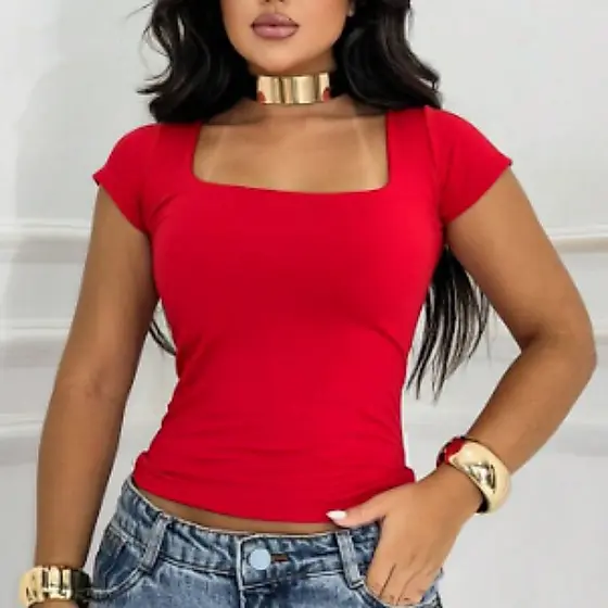 Blusa Feminina Canelada Decote QUADRADO Manga Curta