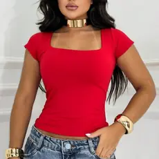 Blusa Feminina Canelada Decote QUADRADO Manga Curta