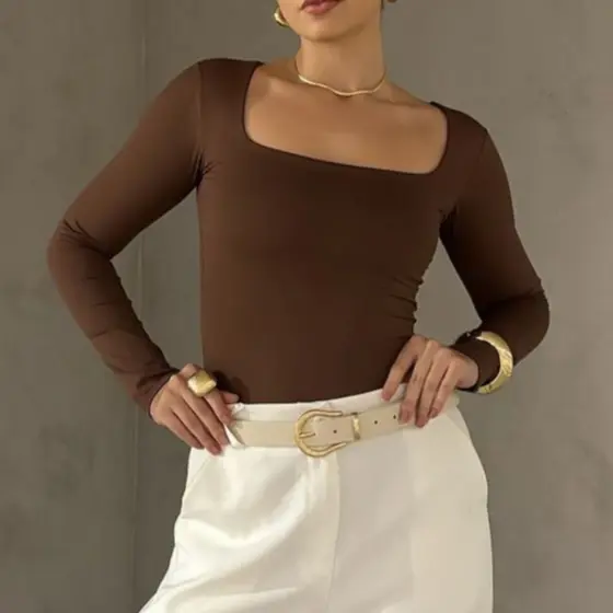 Blusa SUPLEX feminina Manga Longa Decote Gola Quadrada Moda Inverno