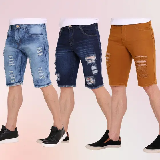 Kit 3 Bermuda Jeans rasgados Shorts Masculinos Alta Qualidade Com Elastano Sport Loja de Fábrica