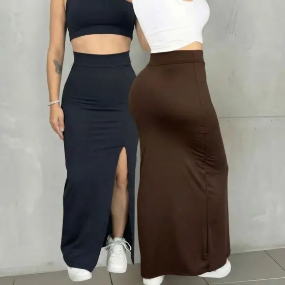Saia Longa Feminina Fenda Suplex Longuete Modinha Verão Blogueira Moda Gringa