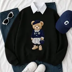 Moletom Feminino com Estampa Vintage Preppy Urso Blusa de Frio Estilo Gola Redonda Estilosa Perfeita