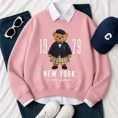 Moletom Feminino Estilo Gola Redonda com Estampa Vintage de Urso Blusa de Frio Quentinha Estilosa