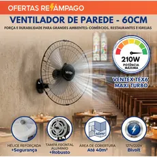 Ventex Parede Tex6 Ventilador Oscilante Max Turbo Preto Bivolt 127/220 Turbo 210W Super Potente