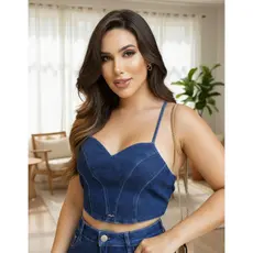 Cropped Top Jeans Escuro Trançado Costas Alcinha Sem Bojo