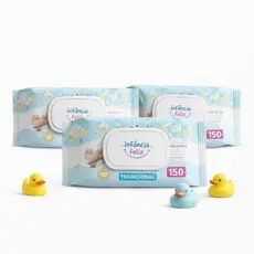 Kit 3 Toalhas Umedecidas Infância Feliz 150 Folhas 98% Água com Tampa Lenço Umedecido