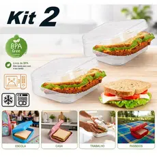 Kit 2 Sanduicheiras Plástico Porta Lanches  Rosa Azul Transparente Branco Vermelho - Livre BPA