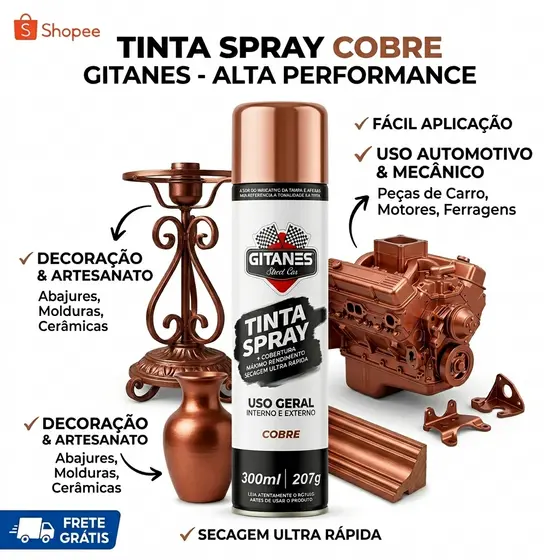 TINTA SPRAY *COR COBRE* 300ML GITANES SECAGEM RAPIDA E USO GERAL / FACIL APLICAÇÃO