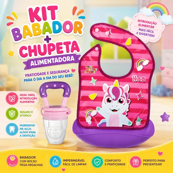 Kit Chupeta Alimentadora Mordedor Silicone Bebê Introdução Alimentar + Babador Infantil Impermeável