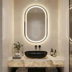 Espelho Oval Jateado 3 TONS DE LED e Botão Touch Decorativo Vários Tamanhos Fonte Slin