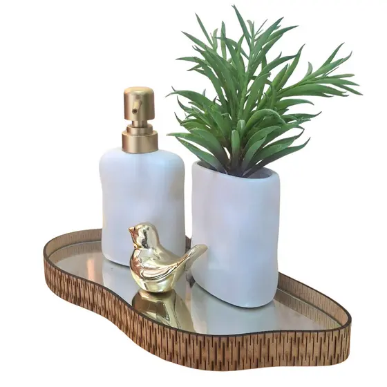 Bandeja Orgânica Espelhada Borda MDF Laser Vários Formatos P, Decorativa, Banheiro, Lavabo