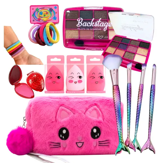 Kit Maquiagem Infantil Completo Blogueirinha Nécessaire Gatinho Pelúcia Pincel Sereia Presente Menin