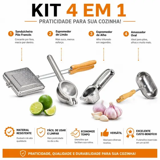 Kit 2 Sanduicheira Bauru Baurutex + Espremedor Alho + Espremedor Limão Utensílios Alumínio Cozinha Pão Francês Manual