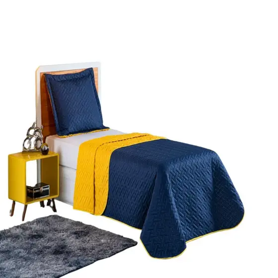 Kit Colcha Cobre Leito Roupa Cama 2 Peças Solteiro Simples Matelado Marinho Quarto Menino Amarelo