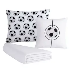 Jogo Lençol Solteiro 4 Peças Elastico Fronha Quarto Menino Criança Infantil Bola Futebol Branco Seda