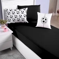 Jogo Lençol Roupa Cama Solteiro Elastico 4 Pçs Fronha Quarto Criança Menino Futebol Preto Macio Luxo