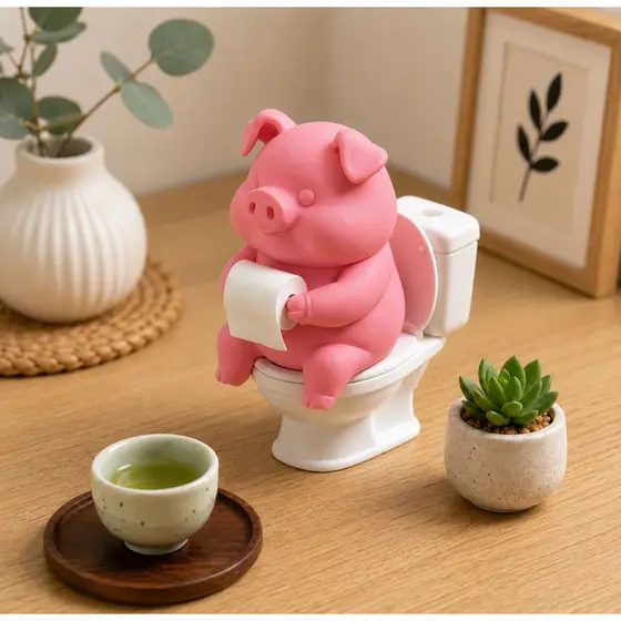 Porquinho segurando papel higienico no toalete decoração divertida presente decoração estátua