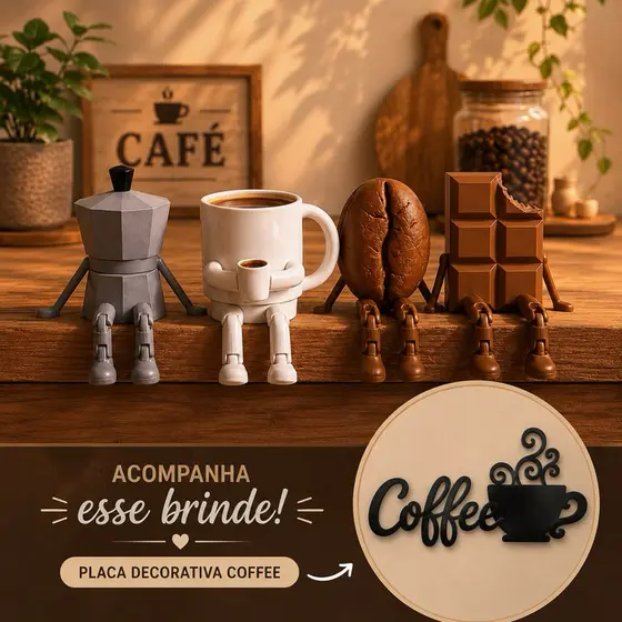 Kit Decoração Cantinho do Café com Perninhas flexíveis 6cm Enfeite Criativo para Cozinha Moderna + brinde placa coffe