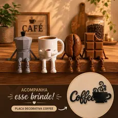 Kit Decoração Cantinho do Café com Perninhas flexíveis 6cm Enfeite Criativo para Cozinha Moderna + brinde placa coffe