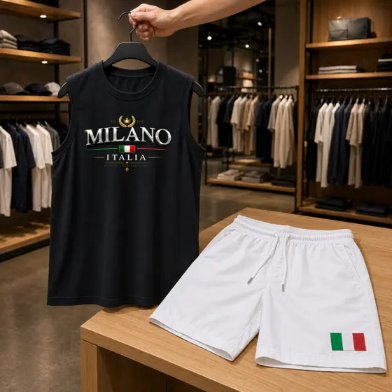 Conjunto Masculino Milano Itália Regata Machão Algodão e Short Tactel Moda Praia Casual