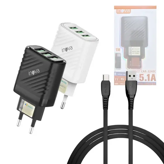 Carregador Completo TURBO 03 Entradas USB 5.1A com Cabo TIPO-C de 1 Metro INOVA
