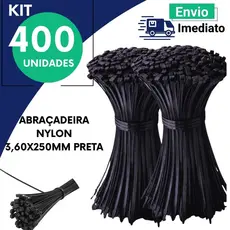 Kit Abraçadeira Nylon 3,6x250mm Preta 100 200 300 ou 400 Un Enforca Gato Fixador Organizador Cabos e Fios