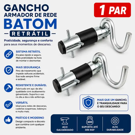 Gancho Armador tipo Batom Retrátil Cromado para Rede de Descanso