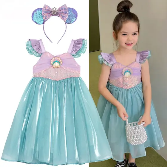 Verão Pequena Sereia Vestido Menina Ariel Princesa Infantil Fantasia De Halloween Carnaval Festa De Aniversário Roupas Conjuntos GZDM