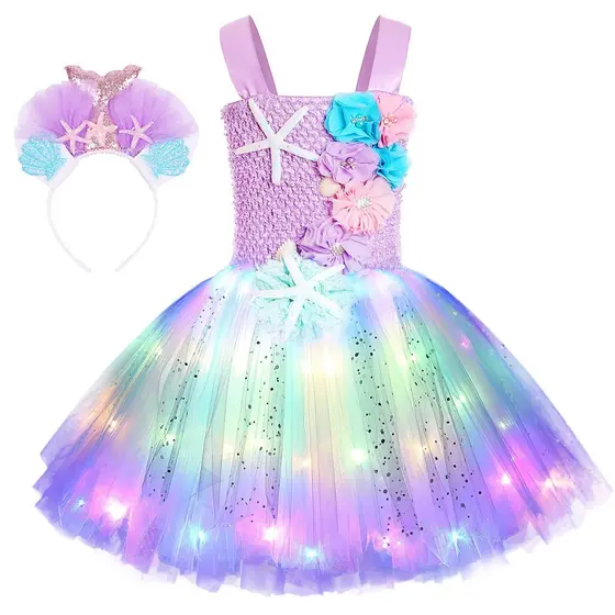 Vestidos Sereia Ariel Cosplay Tutu Com Luzes LED Festa Temática Do Mar