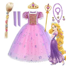 Rapunzel Vestido De Princesa Meninas Roxo Manga Bufante Lantejoulas Halloween Cosplay Cabelo Longo Traje Vestido