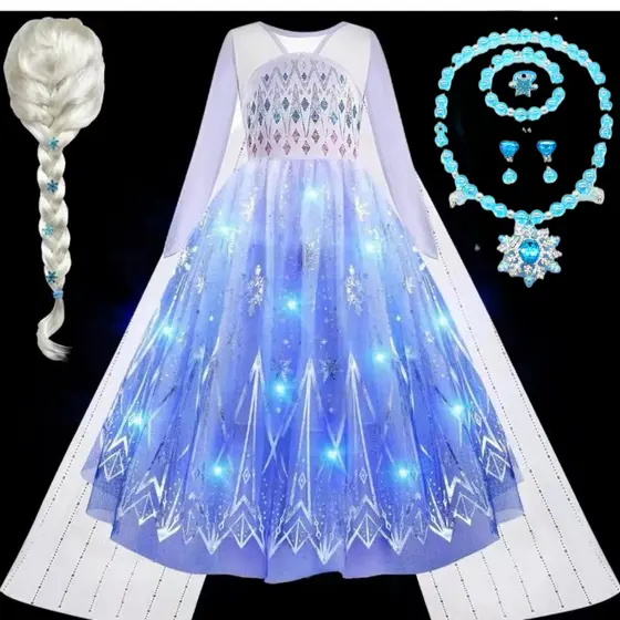 Vestido De Princesa Halloween Criança Festa Congelado Anna Elsa Para Menina Com Luz LED Neve Rainha Cosplay Trajes