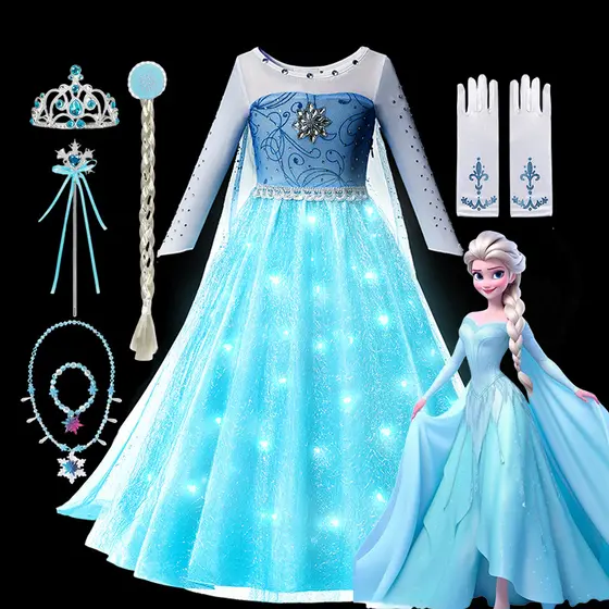 LED Meninas Cosplay Elsa Vestidos De Princesa Crianças Halloween Carnaval Festa Vestido Robe Congelados Neve Rainha Trajes