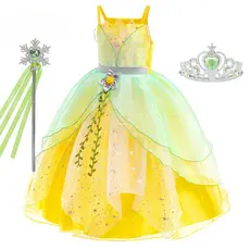 Tiana Princesa Vestido Menina Cosplay Aniversário Fantasia De Festa De Halloween