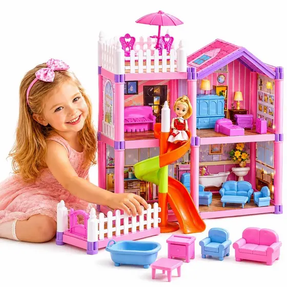 Casinha de Boneca Casa Com 120 Peças Escorregador Brinquedo Menina