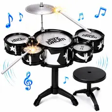 Bateria Infantil 5 Tambores Com Baquetas E Banquinho Cor Azul Para Crianças Músicas