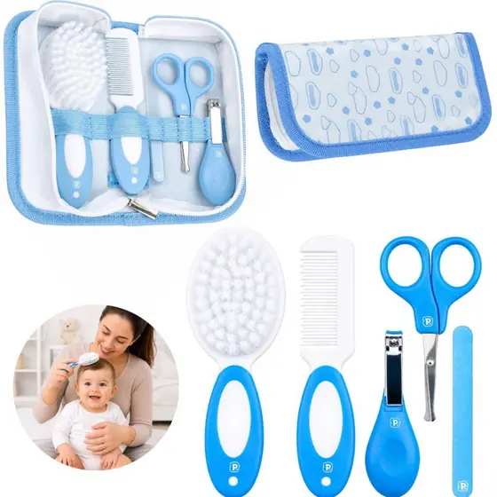 Kit Higiene Bebê 5 Acessórios com Estojo Escova Pente Tesoura Cortador de Unha e Lixa Para Menina e Menino