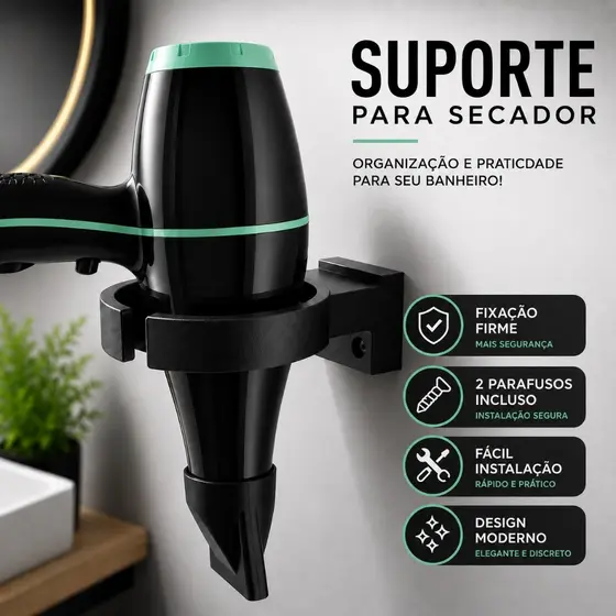 Suporte de Parede Para Secador de Cabelo Organizador Banheiro Porta Secador Preto Resistente 2 Parafusos