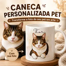 Caneca Personalizada com Foto do Pet Xícara com Caricatura Desenho Cachorro Gato e Nome Presente