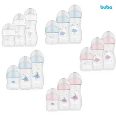 Kit Mamadeiras Recém-Nascido Easy Flow Buba 120/270/330mL Nuvem com Válvula de Respiro e Bico Confortável e Sedoso