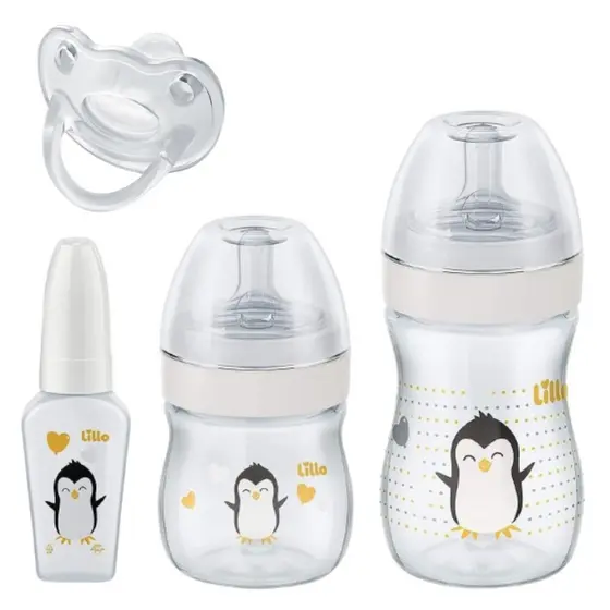 Kit 3 Mamadeiras Lillo Bico Reto com Chuquinha e Chupeta Ortodôntica 0-6 meses 100% Silicone
