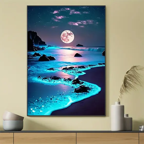 Quadro Decorativo Lua Cheia na Praia Mar Azul Noturno 1 Peça Sala Quarto Paisagem Relaxante 4K