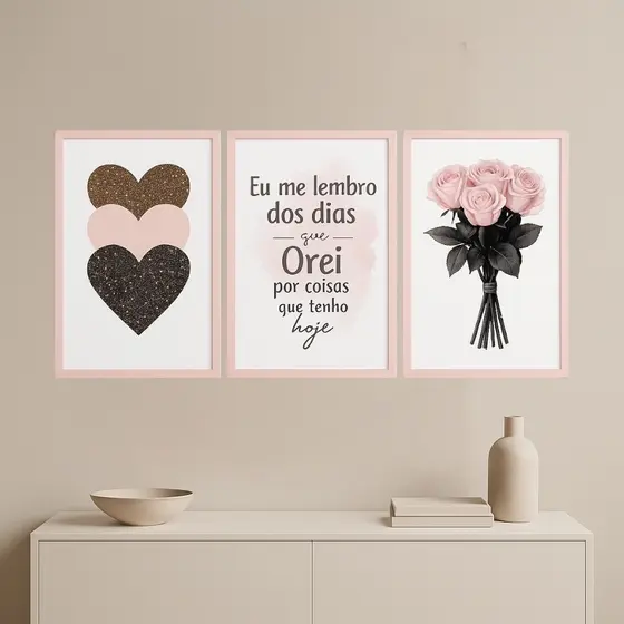 Kit Quadro Decorativo Quarto Sala Escritório Eu me Lembro dos Dias que Orei Decoração Flores Fé Rosa
