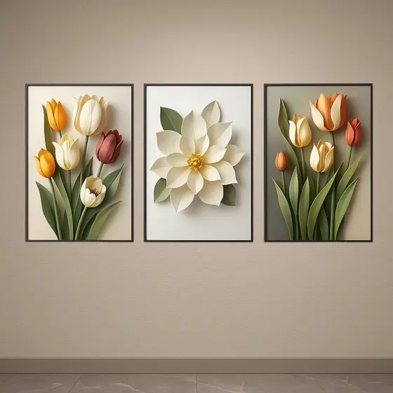 Kit 3 Quadros Decorativos Florais Tulipas e Flor Branca Efeito 3D Decoração Sala Quarto 4K