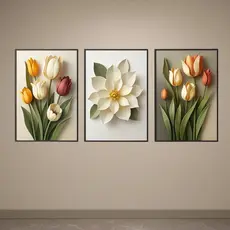 Kit 3 Quadros Decorativos Florais Tulipas e Flor Branca Efeito 3D Decoração Sala Quarto 4K