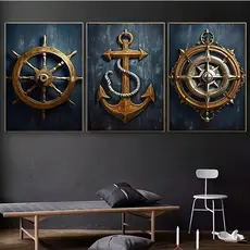 Quadro Decorativo Náutico Rosa dos Ventos Âncora Timão Marinheiro 3 peças para Sala Quarto