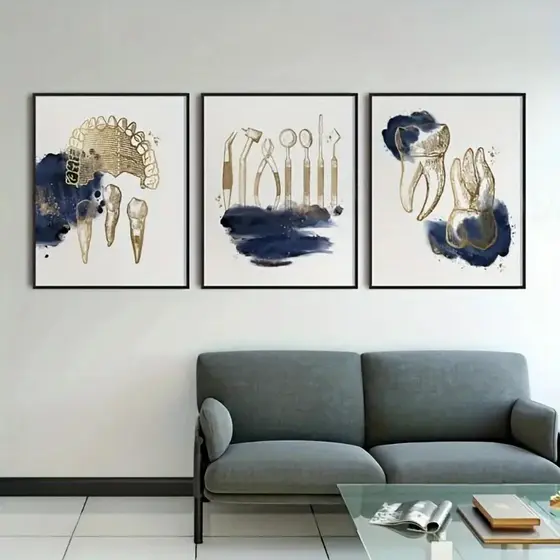 Quadro Decorativo Para Consultório Odontológico kit 3 Peças Azul Dourado p/ Consultório clínica casa
