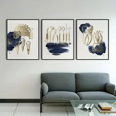 Quadro Decorativo Para Consultório Odontológico kit 3 Peças Azul Dourado p/ Consultório clínica casa