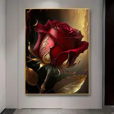 Quadro Decorativo Rosa Vermelha com Detalhes Dourados Arte Elegante para Sala Quarto Resolução 4K